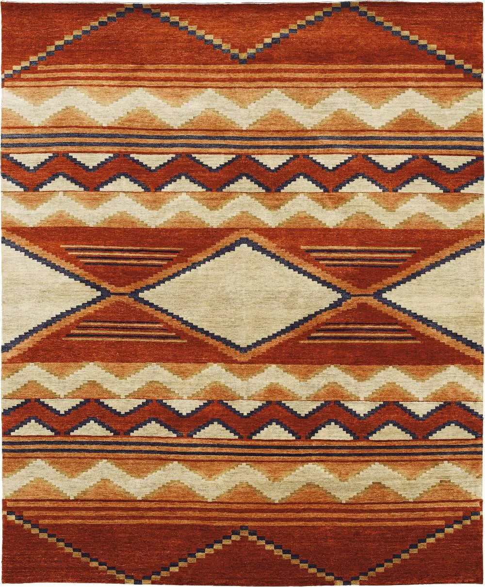 Rug with geometric pattern featuring red, orange, and beige colors.