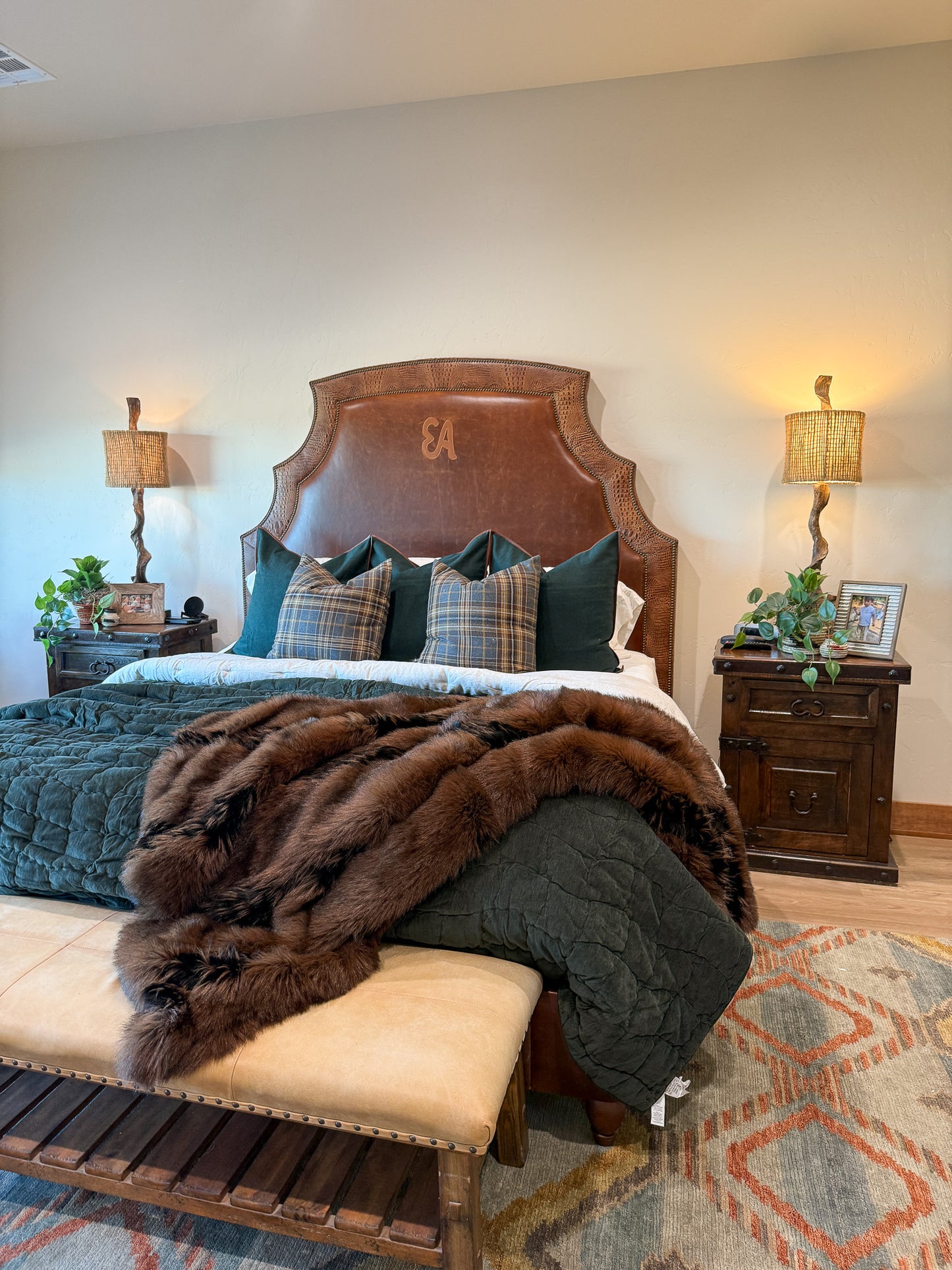 brown leather bed with alligator accents