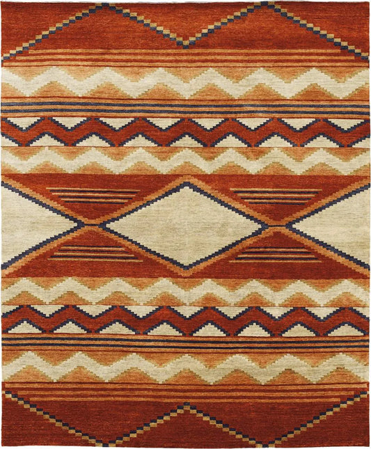 Rug with geometric pattern featuring red, orange, and beige colors.