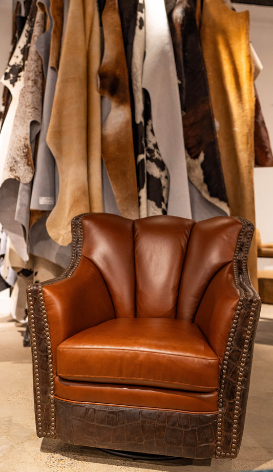 BROWN LEATHER SWIVEL CHAIR WITH CROC ACCENTS AND NAILS