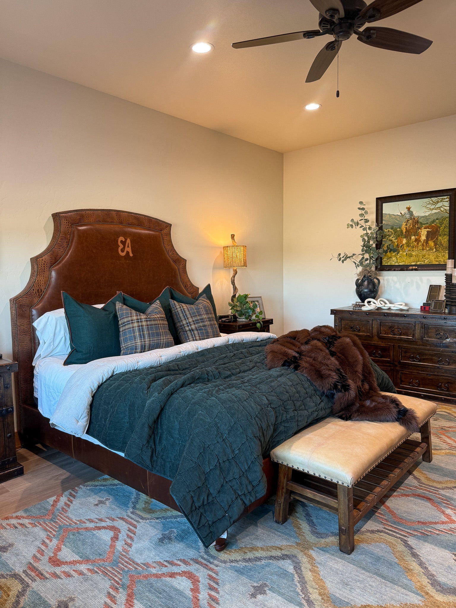 brown leather bed with alligator accents