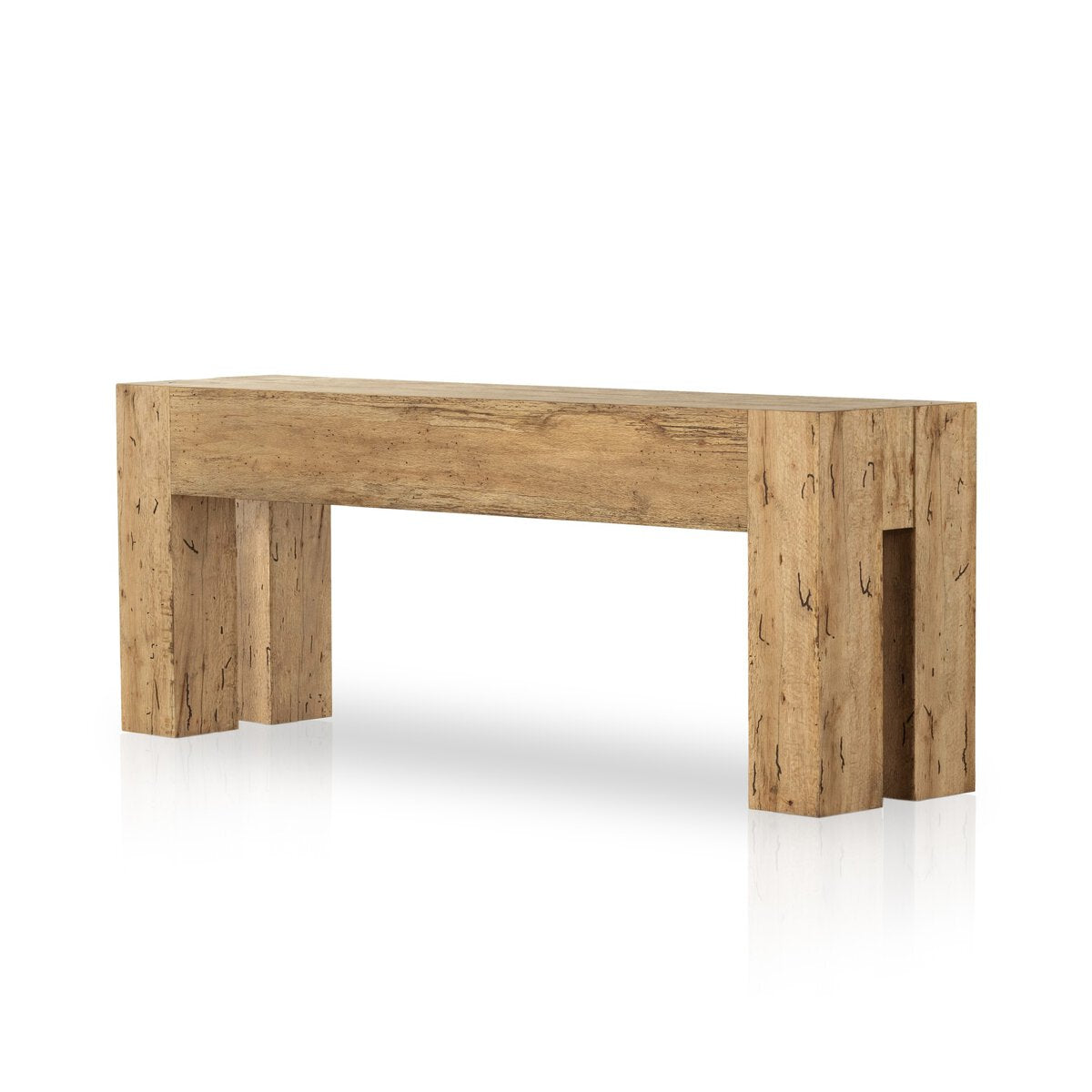 WOOD CONSOLE TABLE Made from thick-cut oak veneer with a faux rustic finish made to emulate wormwood, this low, large-scale console table features chunky squared legs and dovetail joinery detailing.