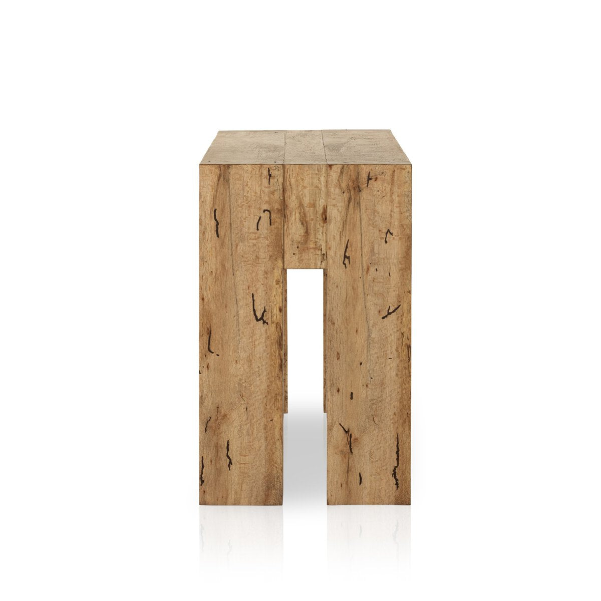 WOOD CONSOLE TABLE Made from thick-cut oak veneer with a faux rustic finish made to emulate wormwood, this low, large-scale console table features chunky squared legs and dovetail joinery detailing.