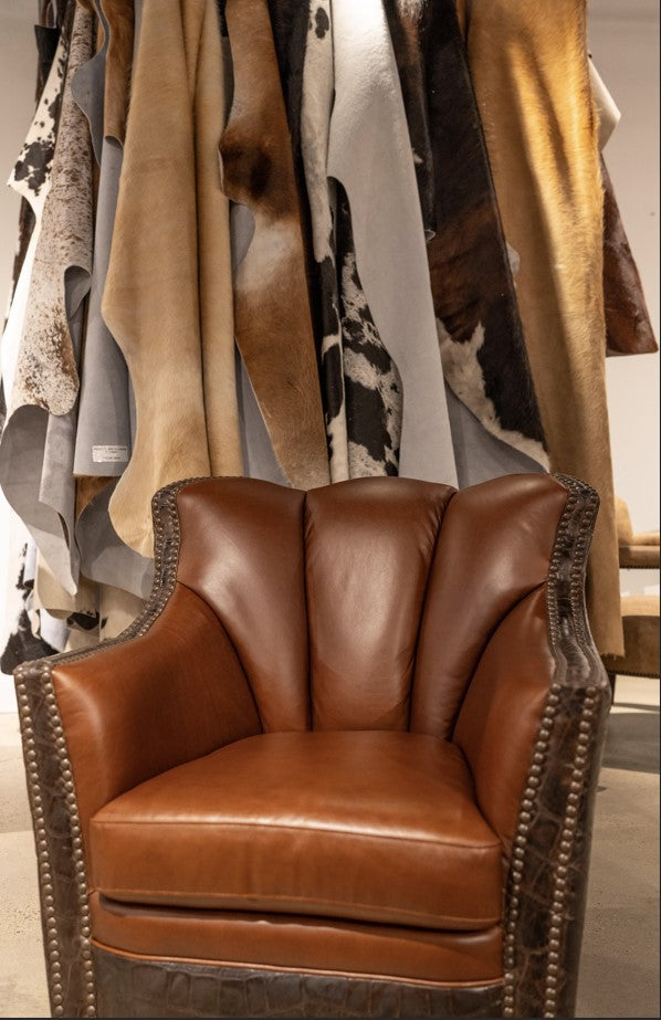 BROWN LEATHER SWIVEL CHAIR WITH CROC ACCENTS AND NAILS