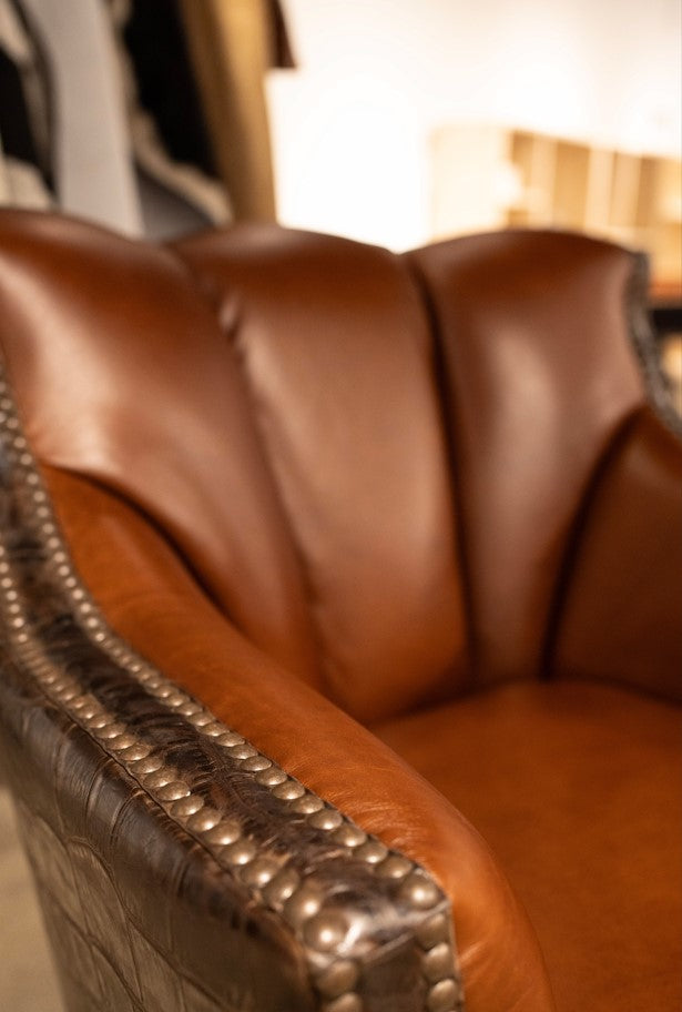 BROWN LEATHER SWIVEL CHAIR WITH CROC ACCENTS AND NAILS
