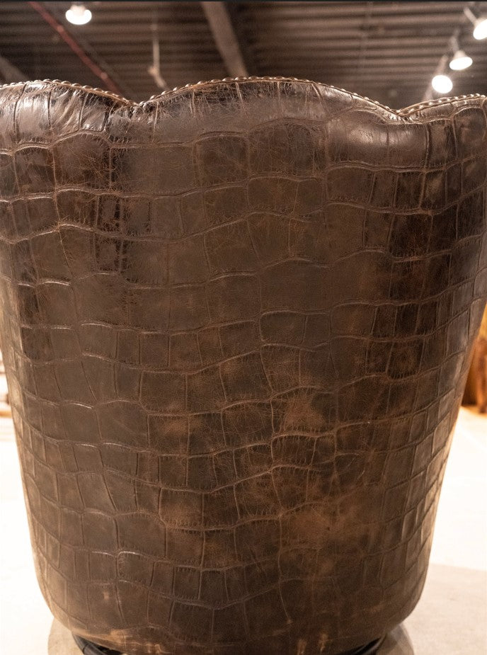 BROWN LEATHER SWIVEL CHAIR WITH CROC ACCENTS AND NAILS
