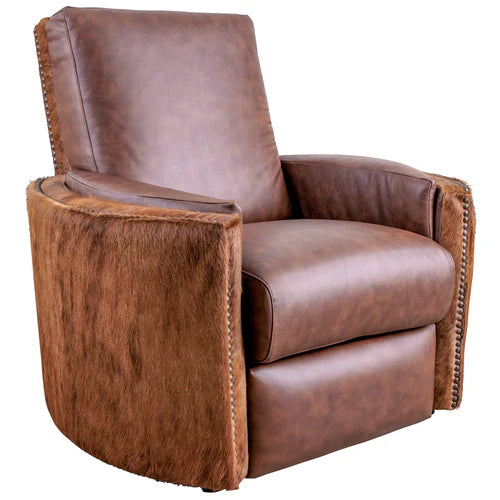 Brown leather armchair with cowhide accent on a white background