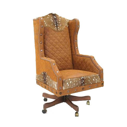 This unique Deer & Leather Cognac Tufted Office Chair combines western style with modern design features. Premium deer hide, tufted leather and a wing back offer luxurious comfort, while a swivel base and hammered gold detail provide a striking look. Enjoy ultimate sophistication and comfort in this classic piece.