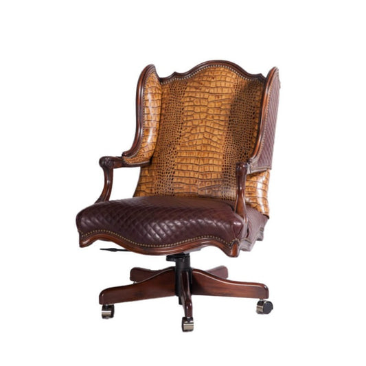 This Wingback Leather Office Chair is an elegant addition to any workspace, boasting an eye-catching crocodile skin leather upholstery and a regal, wingback design. The chair is anchored on a wooden base, providing a blend of classic western comfort and modern luxury.